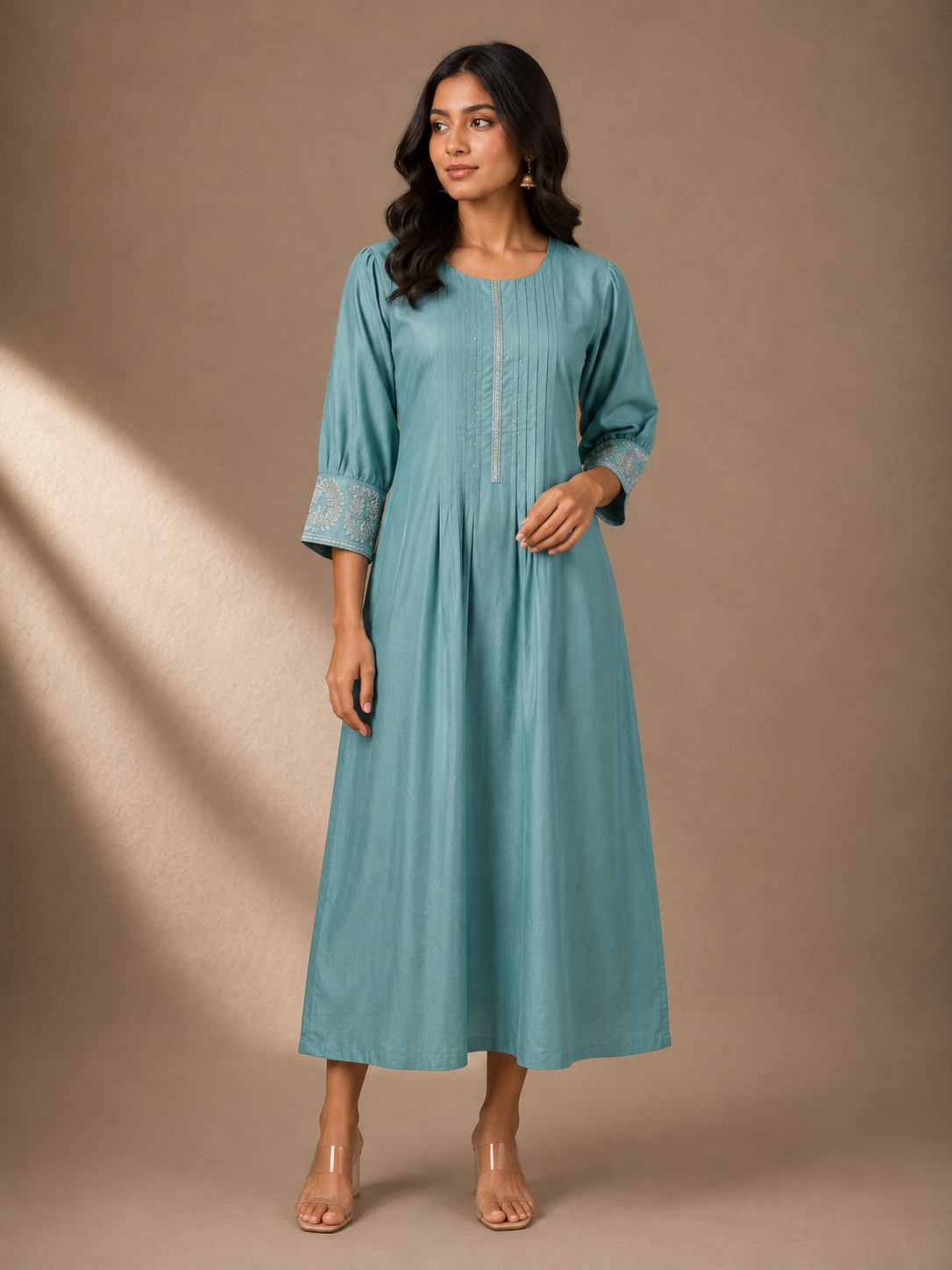 Powder Blue Soft Silk A-Line Kurta Dress with Embroidered Cuffs